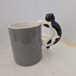 Gray Ceramic Mug with Black and White Cat Handle